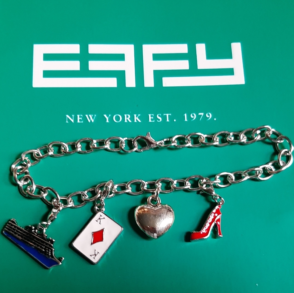 EFFY 8” Bracelet w 4 Charms EFFY Heart, Red Diamond Shoe, Card & Ship